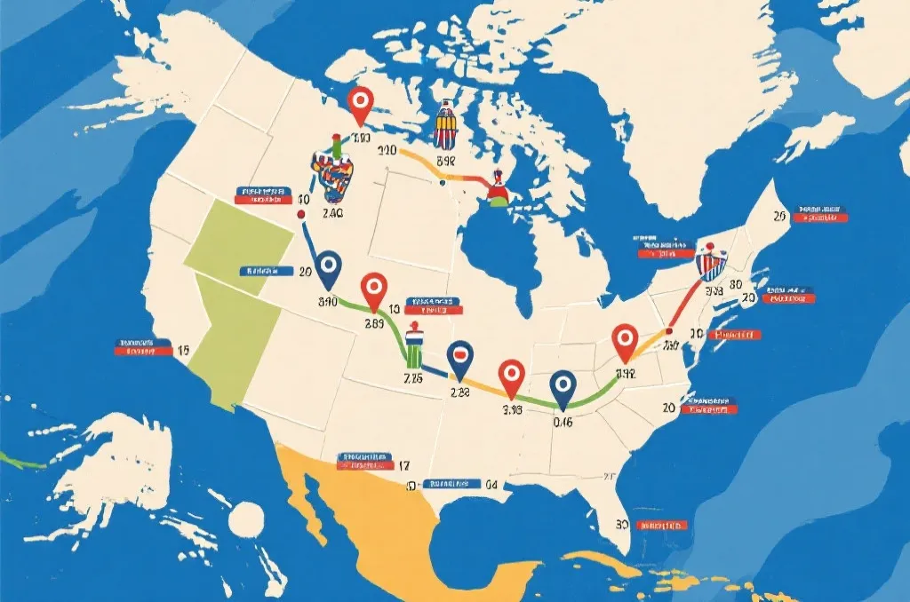 北美三国世界杯比赛城市与球队移动路线示意图